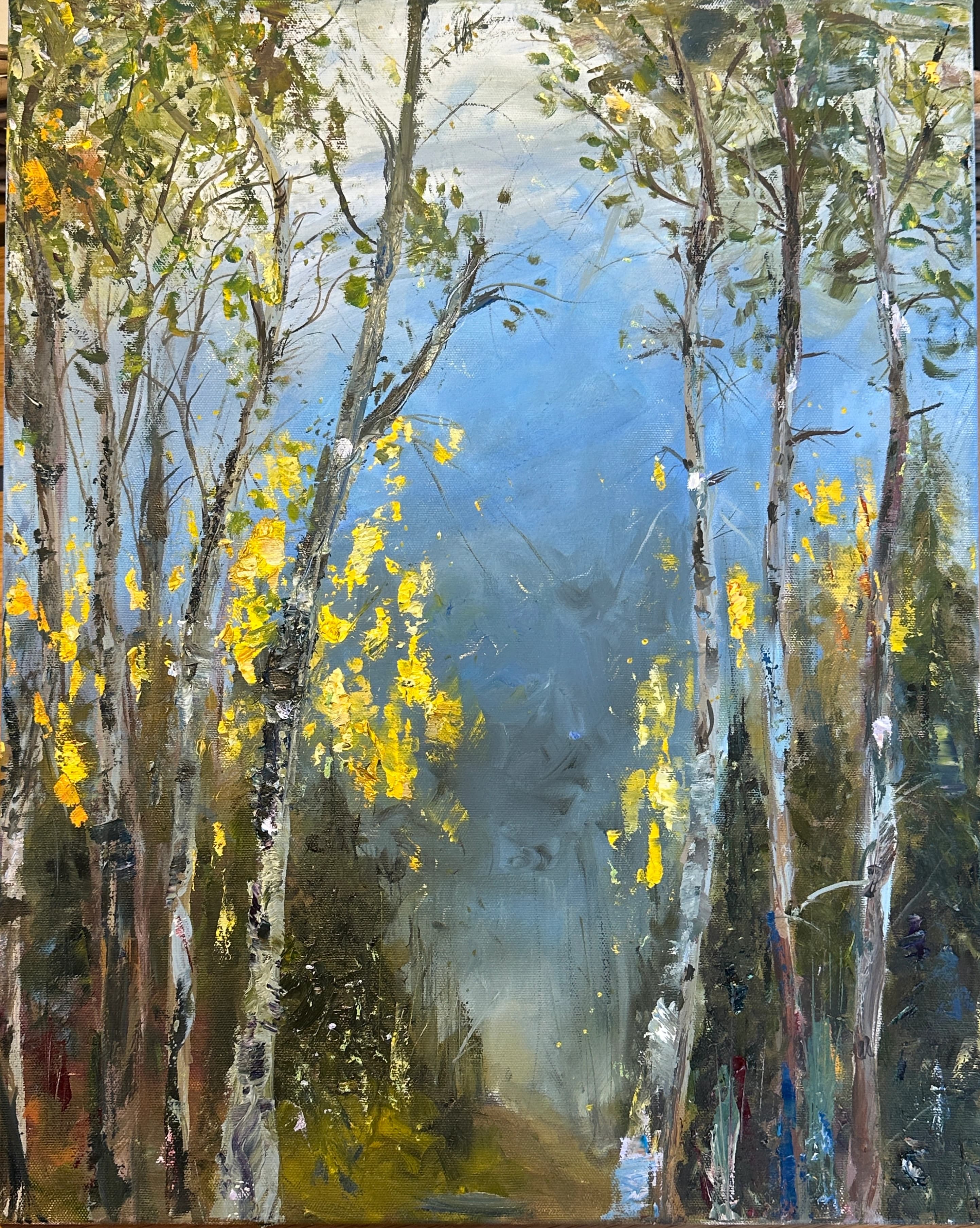 Birch forest with golden autumn leaves, oil painting by Reyhan Uyanik