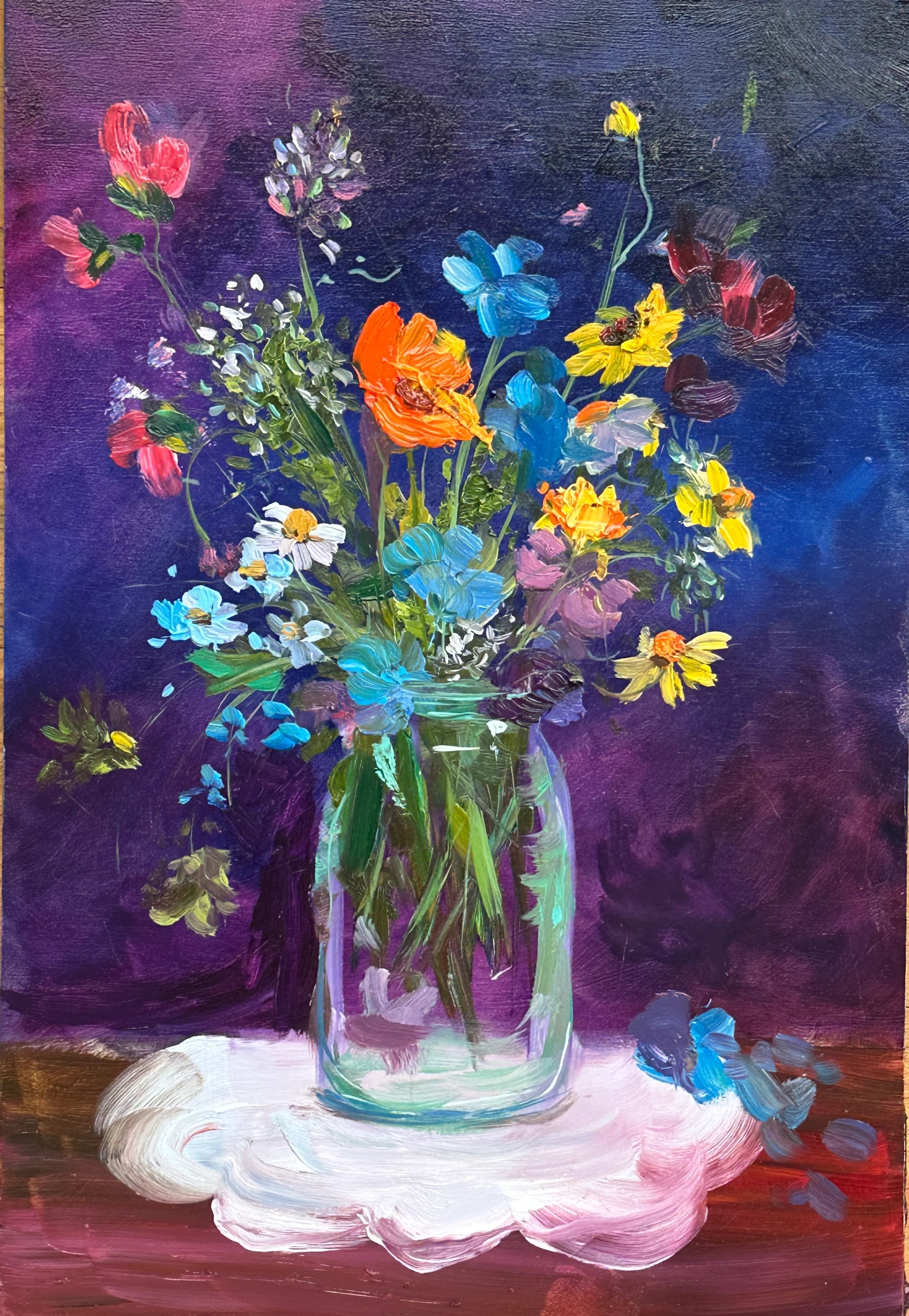 California poppy, baby blue eyes and tidy tips in a Delft blue vase, wildflower still life oil painting by Reyhan Uyanik