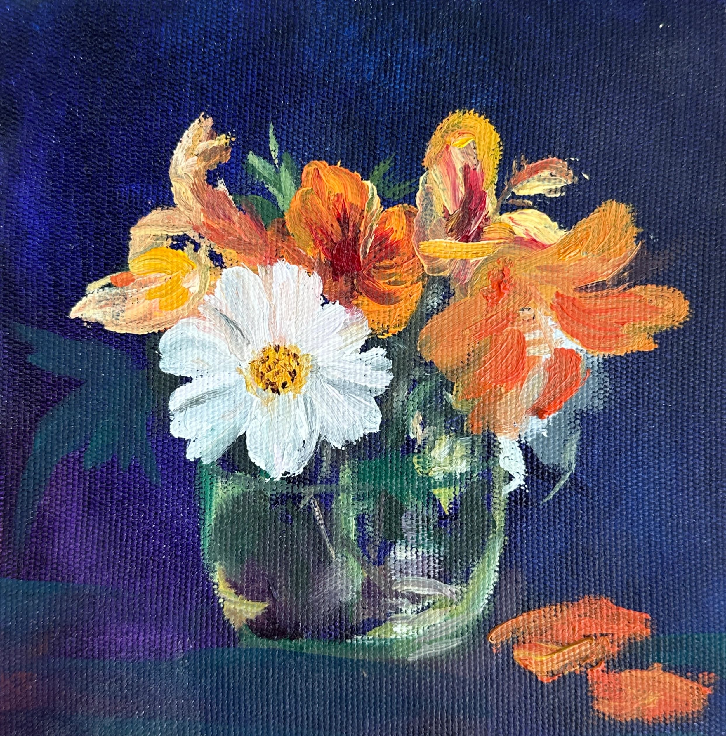 Cosmos and nasturtiums flower study, oil painting by Reyhan Uyanik