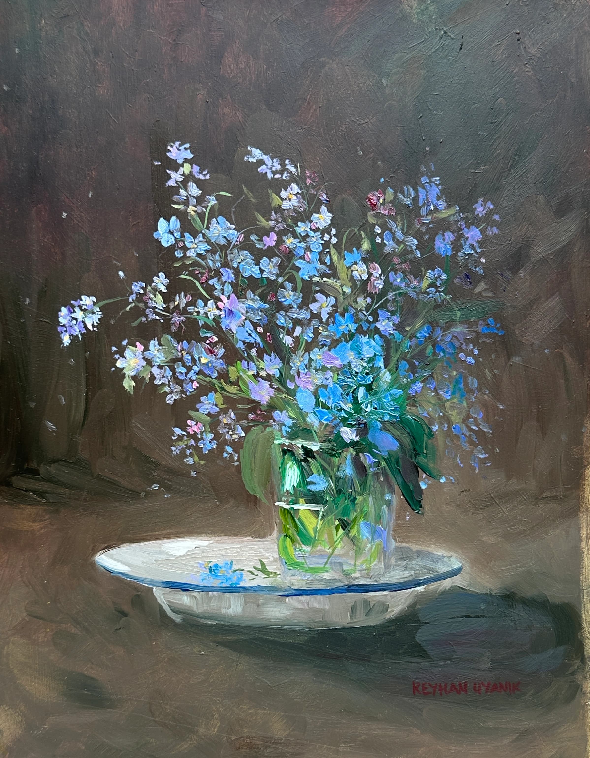 forget me nots in a glass and enamel plate, still life Oil Painting by Reyhan Uyanik