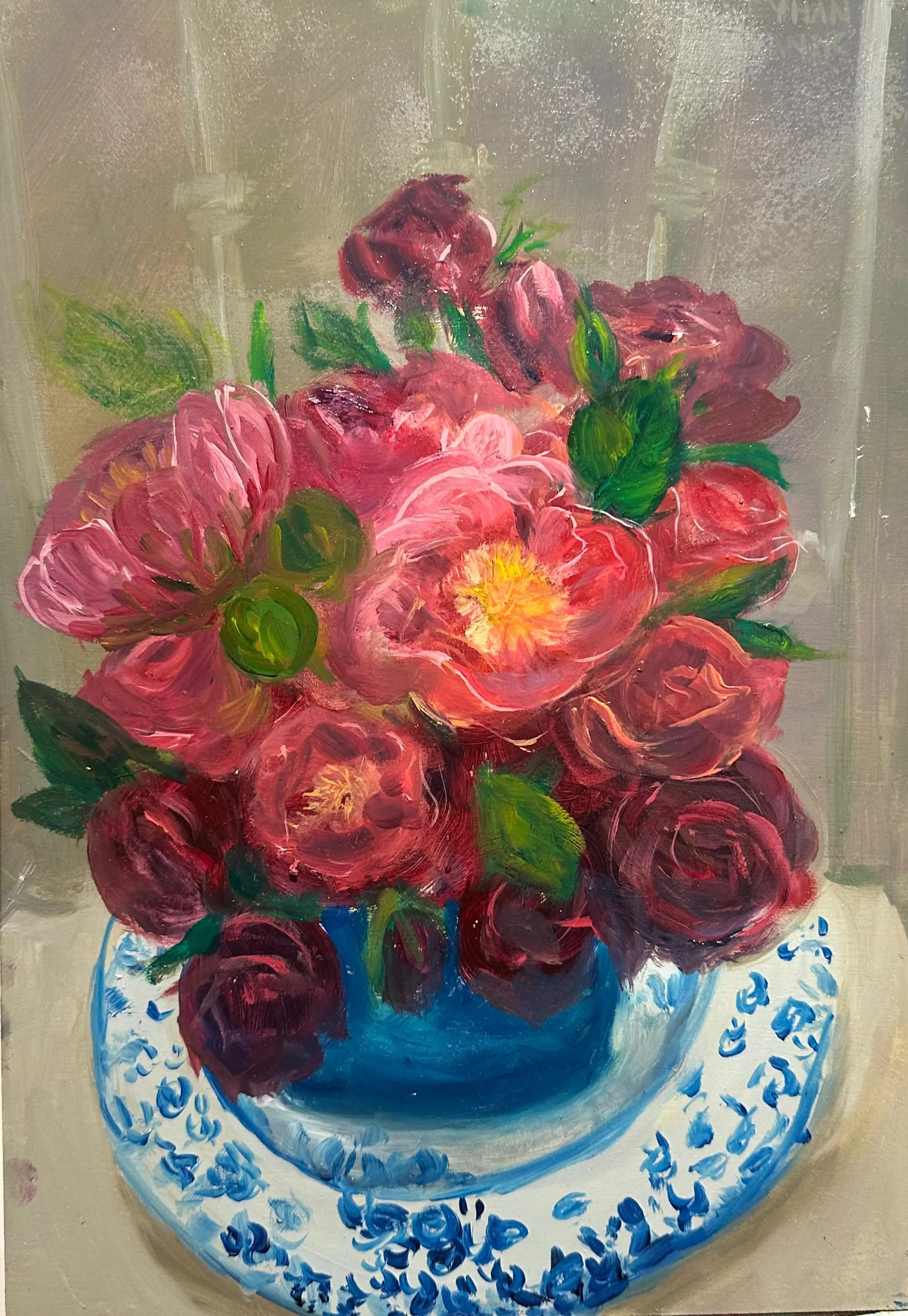 Peonies and Roses on a chair, still life Oil Painting by Reyhan Uyanik