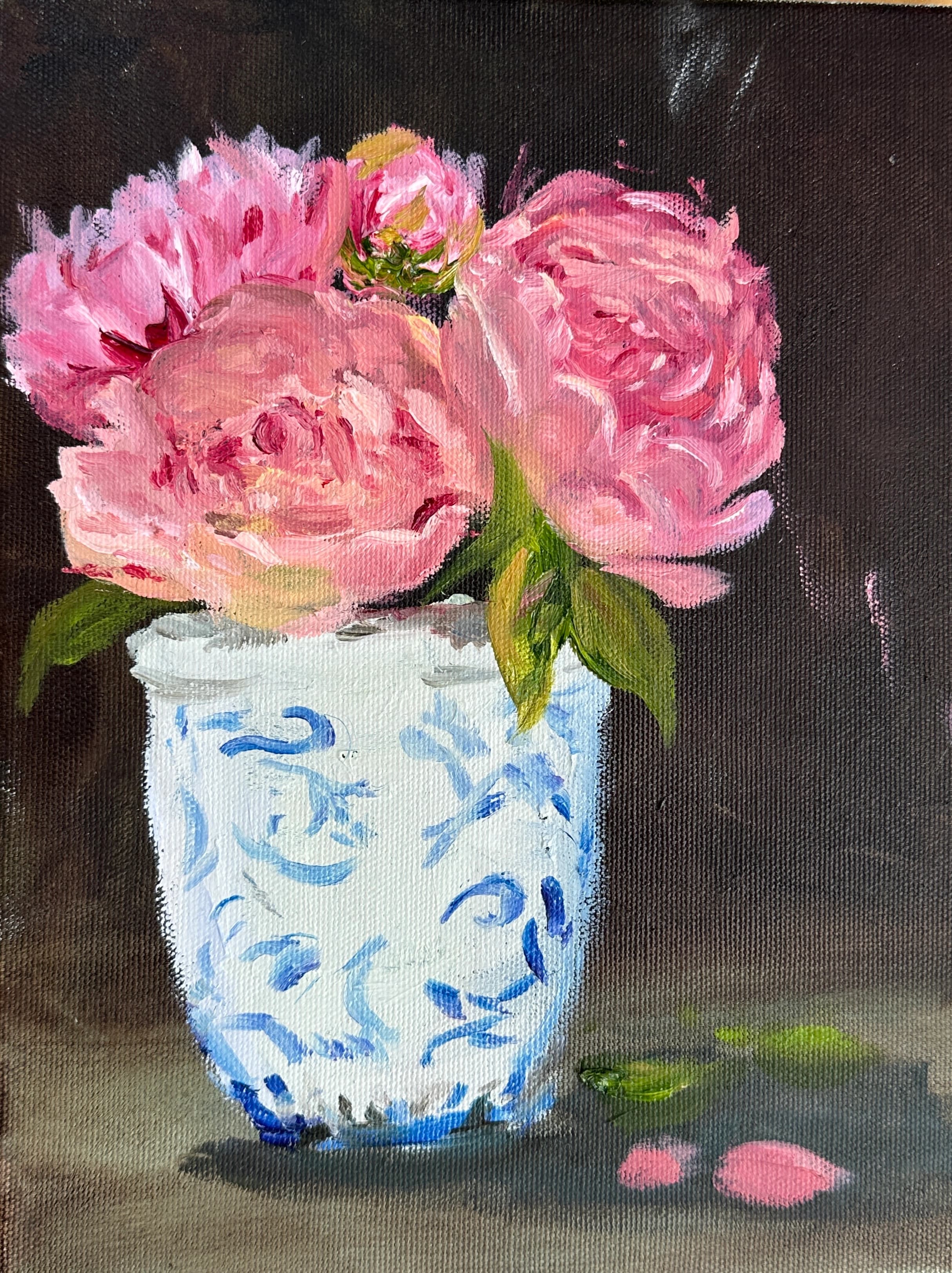 Pink roses in a blue ceramic pot, flower still life oil painting by Reyhan Uyanik