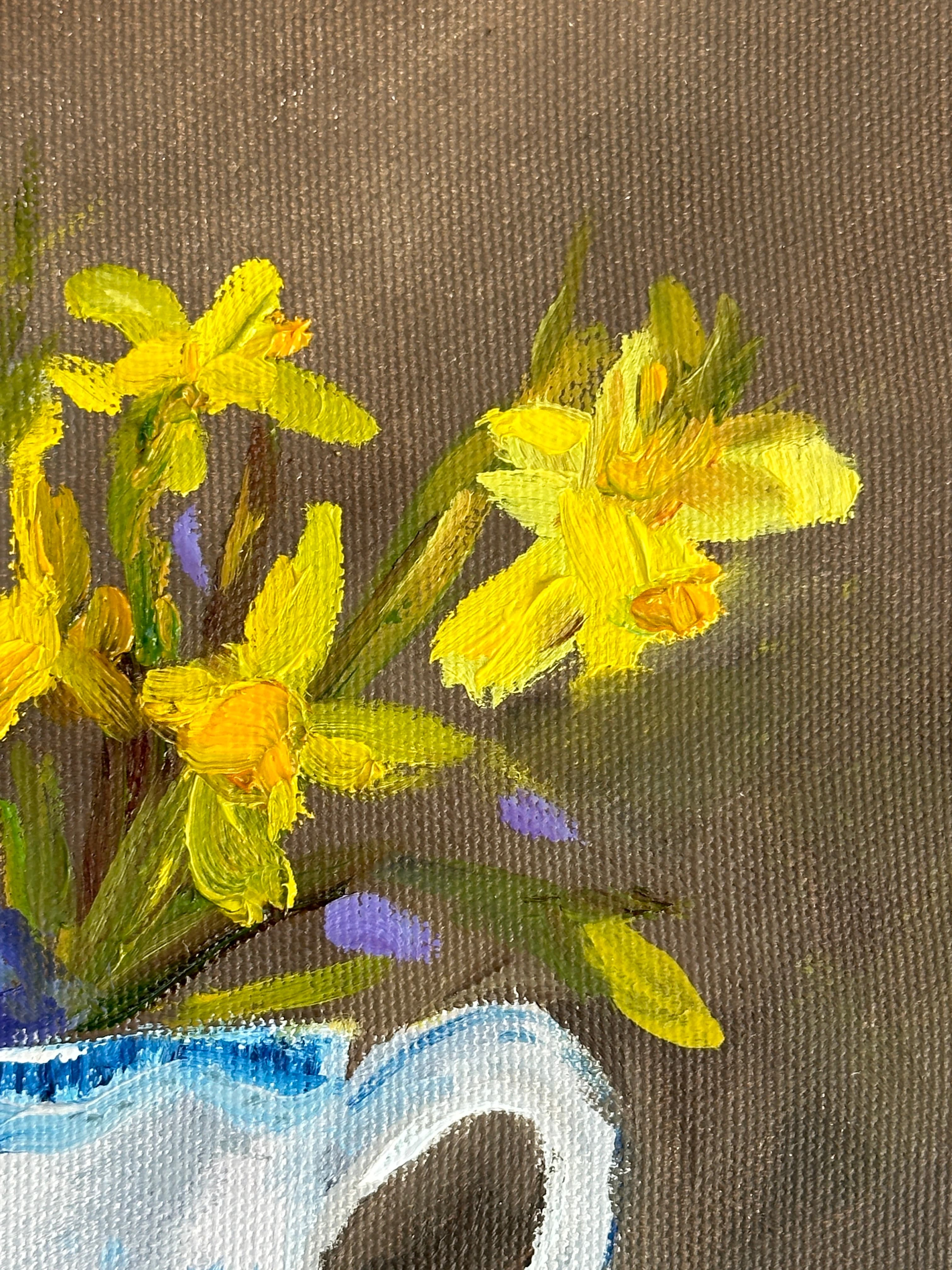 Detail of spring bulbs in a teacup oil painting by Reyhan Uyanik