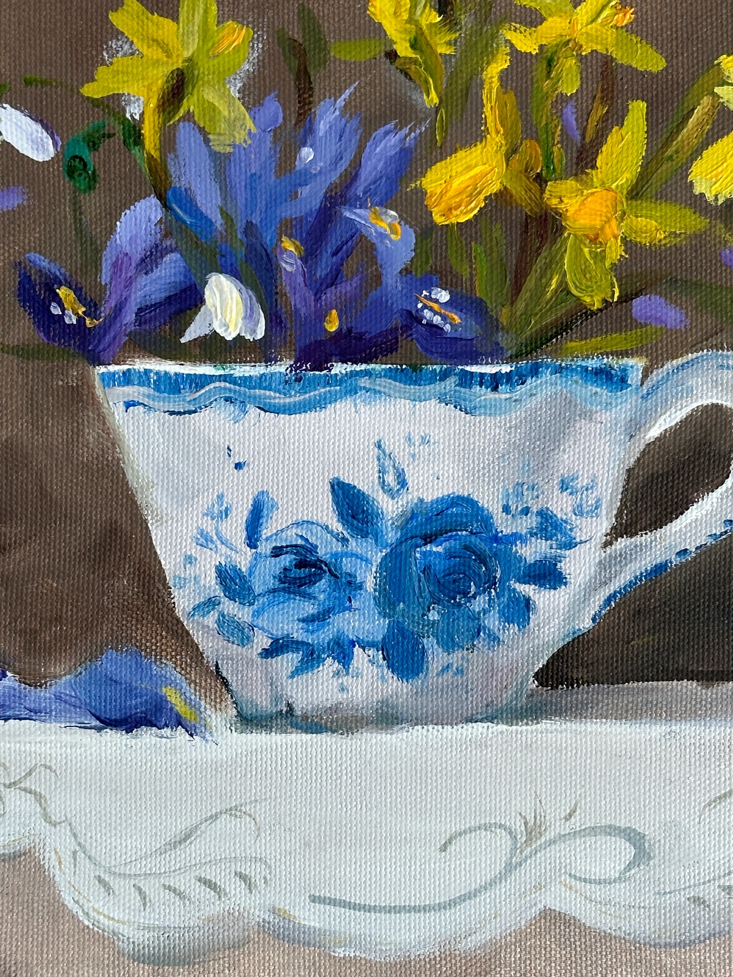 Close-up of spring bulbs in a teacup oil painting by Reyhan Uyanik