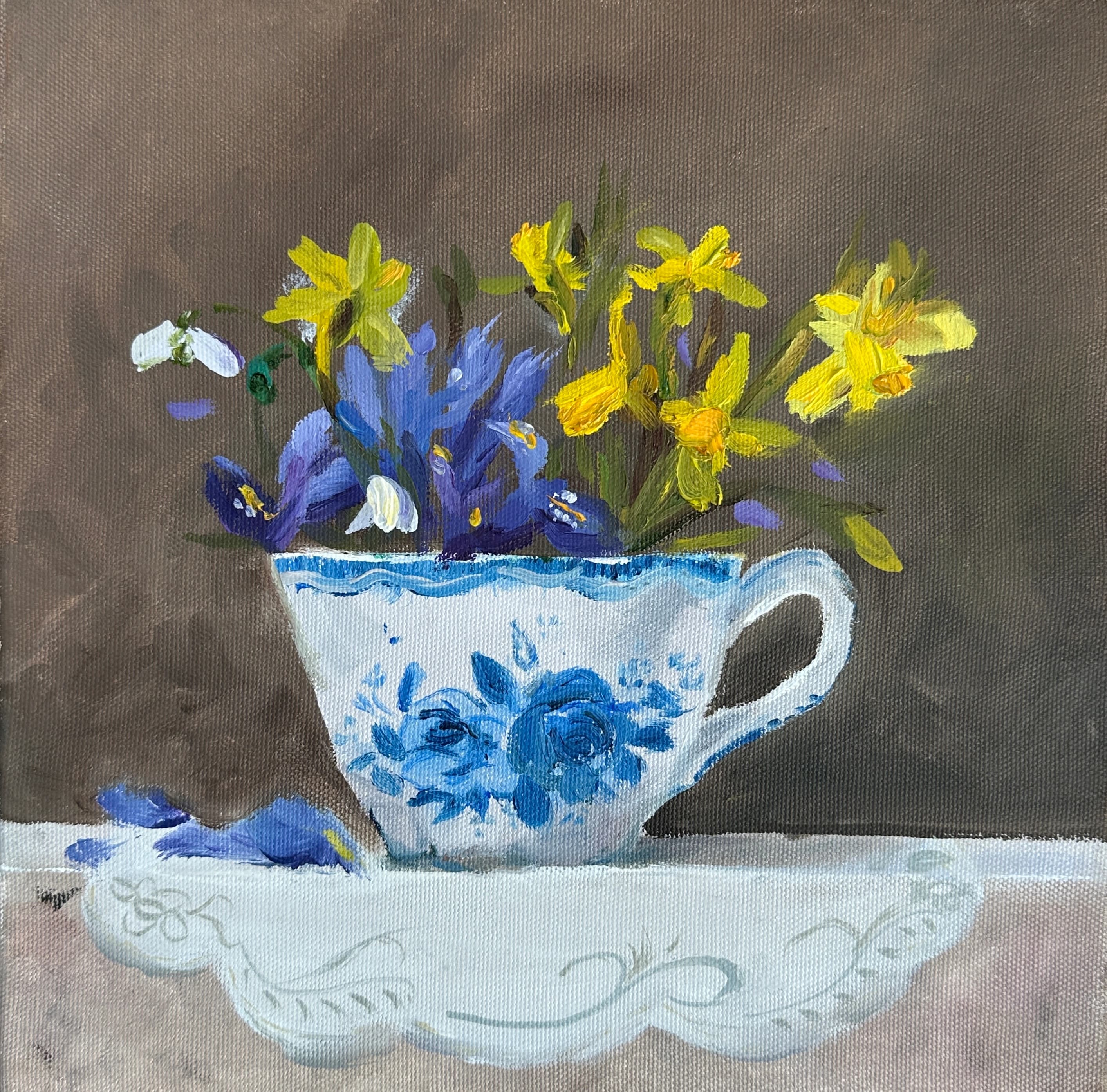 Purple irises, daffodils and snowdrop in a teacup, flower still life oil painting by Reyhan Uyanik