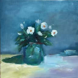 White cosmos flowers oil painting Reyhan Uyanik